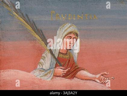 Cette illustration de la Bible Vivienne représente Prydentia (prudence), une des quatre vertus cardinales. Il souligne l'importance d'une prise de décision avisée, de la prévoyance et d'un jugement solide dans la morale chrétienne. Banque D'Images