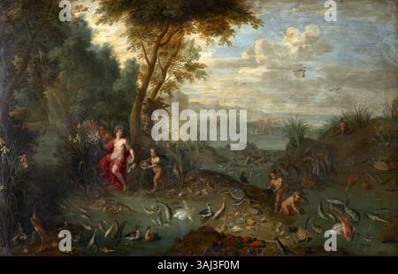 Une peinture de Jan Brueghel l'ancien, créée entre 1600 et 1699, représentant l'élément de l'eau dans la série allégorique 'les quatre éléments'. L'huile sur cuivre capture des représentations symboliques de l'eau. Banque D'Images