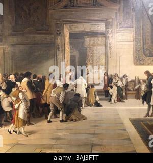 Tableau du XIXe siècle de Francesco Valaperta représentant la mort de Carlo Emanuele II de Savoie. Cette peinture à l'huile capture le moment historique du décès du roi et l'atmosphère sombre qui entoure l'événement. Banque D'Images