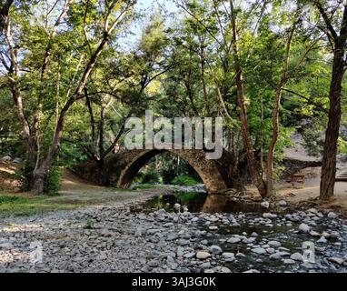 Pont de Kelefos, Chypre, une arche médiévale en pierre cachée profondément dans la forêt, en écho avec le flux tranquille du ruisseau en dessous. Banque D'Images