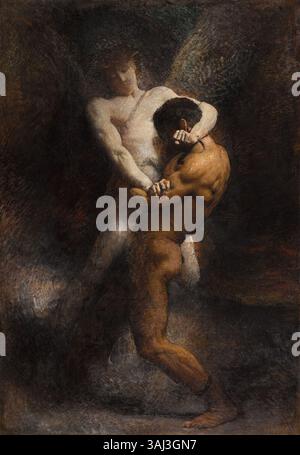 La lutte de Jacob de Léon Bonnat, peinte en 1876, représente la scène biblique de Jacob luttant avec un ange. L'huile sur toile montre l'interprétation de Bonnat de cette lutte biblique, pleine de mouvement dynamique et d'émotion intense. Banque D'Images