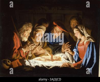 « Adoration des bergers » de Matthias Some, peinte vers 1650, représente la scène biblique des bergers visitant le Christ nourrisson. La peinture est un exemple d'art religieux, soulignant l'humilité et la vénération des bergers comme ils adorent l'enfant Christ. Banque D'Images
