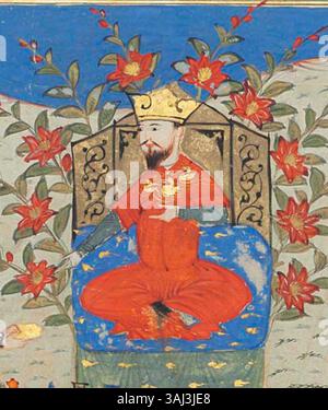 Cette miniature détaillée de 'Majma' al-Tawarikh' illustre l'accession de Boghra Khan à Kashgar. Il offre une vue focalisée de la figure du souverain, qui fait partie du récit plus large du manuscrit timoride. Banque D'Images