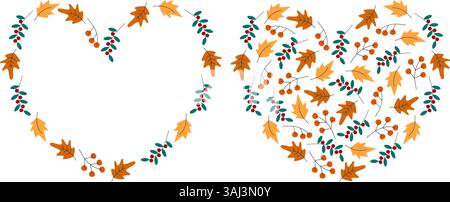 Feuille d'automne en forme de coeur et brindilles couronnes espace de copie vide et idée de modèle rempli définir deux conceptions. Illustration vectorielle idéale pour les cartes de Thanksgiving, les invitations de mariage, les impressions saisonnières et la décoration Illustration de Vecteur