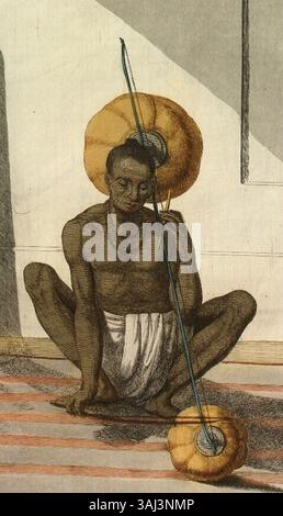 Cette illustration tirée des illustrations de les Hindous de Frans Balthazar Solvyns (1808-1812) montre une Pinaka Vina, instrument de musique traditionnel indien à cordes. L’œuvre met en lumière les divers instruments de l’Inde au XVIIIe siècle. Banque D'Images