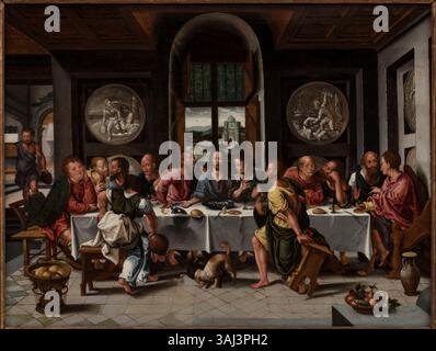 La dernière Cène, peinte par Pieter Coecke van Aelst vers 1529 ou 1531, représente l'événement biblique du dernier repas du Christ avec ses disciples. Cette peinture à l'huile sur panneau, conservée au Musée Noordbrabants, présente une attention méticuleuse aux détails et au symbolisme religieux, soulignant la signification de l'Eucharistie dans la tradition chrétienne. Banque D'Images