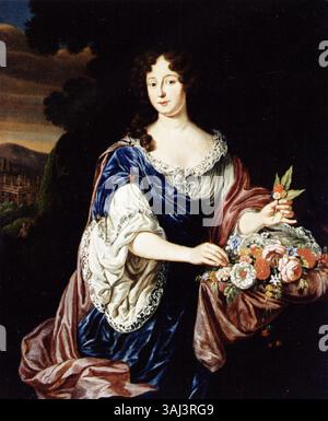 Cette peinture à l'huile réalisée vers 1690 par Michiel van Musscher représente une femme inconnue tenant des fleurs. L'œuvre met en valeur le style portrait hollandais de la fin du XVIIe siècle. Banque D'Images