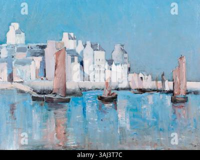 *Harbor* (1880) d'Aukusti Uotila est une peinture à l'huile représentant une scène portuaire animée, avec des personnages et des navires en mouvement. La peinture reflète la vitalité de la vie portuaire et l'habileté d'Uotila à capturer des environnements dynamiques et animés. Banque D'Images