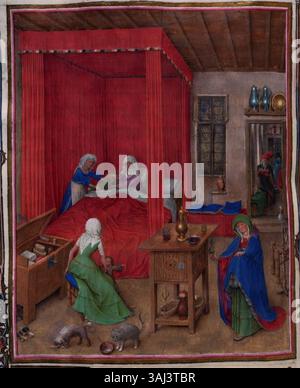 Miniature tirée de 'les heures de Milan-Turin' de Jan van Eyck, illustrant la naissance de Jean le Baptiste, vers 1420, dans les détails vifs de la Renaissance du Nord. Banque D'Images