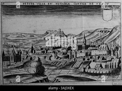 La gravure de vertus réalisée par Claude Chastillon au XVIe siècle représente une ville française. La réimpression, créée avant 1905, présente une architecture détaillée et capture l'essence d'une place de la ville à l'époque. Banque D'Images