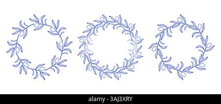 Ensemble de cadres de cercles de branches d'olivier bleu méditerranéen. Bordure de ligne ronde dessinée à la main, feuilles et fleurs, invitation et cartes de mariage, conception de logo et Illustration de Vecteur