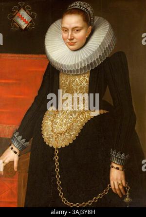 Portrait d'une femme flamande inconnue, peint en 1619 dans le style de Frans Pourbus le jeune. L'huile sur panneau capture une femme du XVIIe siècle à la mode flamande. Le travail est détenu par le National Trust. Banque D'Images