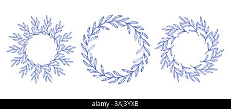 Ensemble de cadres de cercles de branches d'olivier bleu méditerranéen. Bordure de ligne ronde dessinée à la main, feuilles et fleurs, invitation et cartes de mariage, conception de logo et Illustration de Vecteur