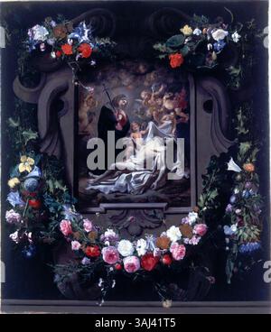 Cartouche aux fleurs de Daniel Seghers et Cornelis Schut (1646) représente le Christ mort pleuré par la Vierge et les chérubins. La peinture incorpore des éléments floraux autour de la scène de lamentation centrale, mettant l'accent sur les thèmes religieux et l'art baroque. Banque D'Images