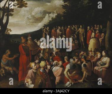 « Saint Jean Baptiste prêchant à la multitude » de Karel van Mander, peint à la fin du XVIe siècle, représente la figure biblique de Jean Baptiste livrant son message à une foule. L'œuvre est conservée au St John's College et est un exemple d'art religieux de l'époque. Banque D'Images