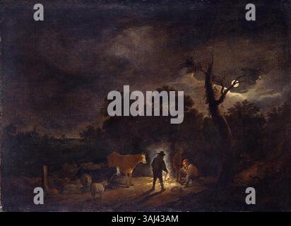 Dans le style de David Teniers le jeune, cette peinture montre des bergers avec leurs troupeaux de nuit, créés entre environ 1680 et environ 1720. Il fait partie de la collection royale. Banque D'Images
