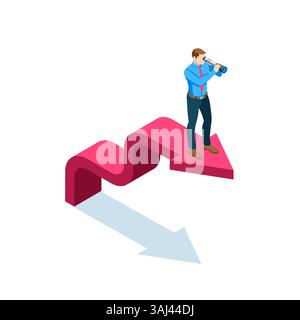 homme d'affaires isométrique regardant à travers un spyglass tout en se tenant debout sur une flèche vers le haut, en couleur sur un fond blanc, vision d'affaires ou leadership Illustration de Vecteur
