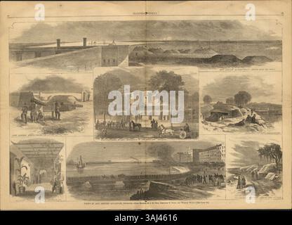 Publiée dans Harper's Weekly le 21 janvier 1865, cette série de croquis de J.H. Peck, Theodore H. Davis et William Waud offre des vues de Savannah, en Géorgie, pendant la guerre de Sécession. Les images reflètent le paysage et la vie urbaine en cette période turbulente. Banque D'Images