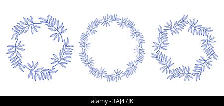 Ensemble de cadres de cercles de branches d'olivier bleu méditerranéen. Bordure de ligne ronde dessinée à la main, feuilles et fleurs, invitation et cartes de mariage, conception de logo et Illustration de Vecteur