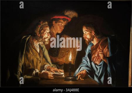 Le tableau de Matthias STOM de 1640-1650, « Christ et Nicodème », dépeint la scène biblique, mettant en valeur l'habileté de l'artiste dans le réalisme baroque. Banque D'Images