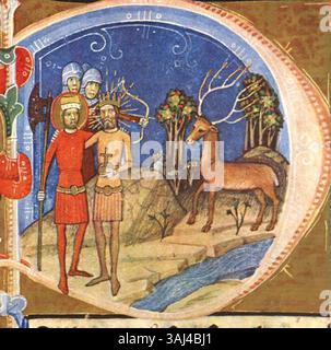 Une page du manuscrit enluminé hongrois du XIVe siècle 'Képes Krónika' représentant la vision du roi Géza et du prince László. Ce manuscrit, source historique importante, capture des événements hongrois médiévaux importants. Banque D'Images