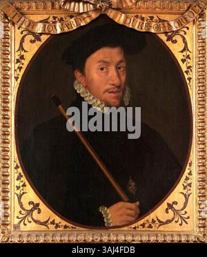 Ce portrait représente Thomas Howard, le 4e duc de Norfolk, peint vers 1600 d'après le travail de Hans Eworth. La peinture est exécutée à l'huile sur panneau de chêne et capture le duc, un noble anglais important, connu pour ses rôles militaires et politiques pendant la période Tudor. Banque D'Images