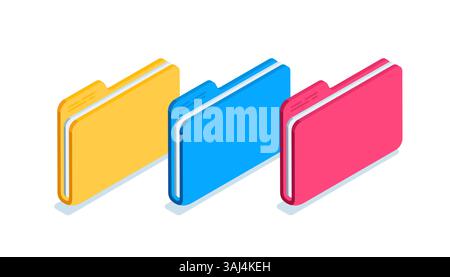 ensemble isométrique de dossiers colorés avec des documents, en couleur sur un fond blanc, élément de conception ou travail de papier avec des données Illustration de Vecteur