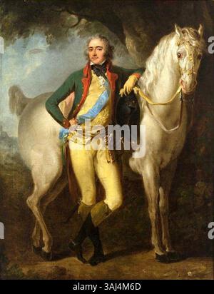 Portrait du prince Józef Poniatowski avec un cheval, peint par Józef Grassi vers 1787-1788. Cette peinture à l'huile est conservée dans le Musée national de Poznań, mettant en valeur la figure du prince polonais et chef militaire. Banque D'Images