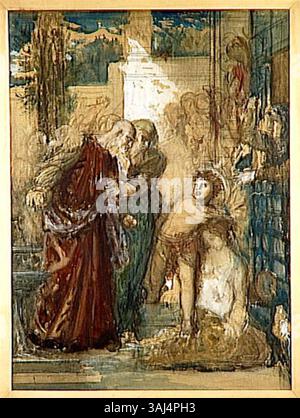 Ce tableau de Gustave Moreau représente la scène biblique de Daniel protégeant la chaste Susanna. La pièce dépeint les thèmes de la vertu, du jugement et de l'intervention divine dans un style dramatique et classique. Banque D'Images