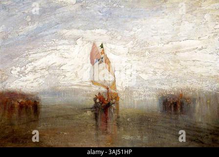 Cette peinture, créée d'après Joseph Mallord William Turner, représente le « Soleil de Venise » quittant le port. Il montre la maîtrise de Turner dans la capture de la lumière et de l'atmosphère dramatiques de la scène. Banque D'Images
