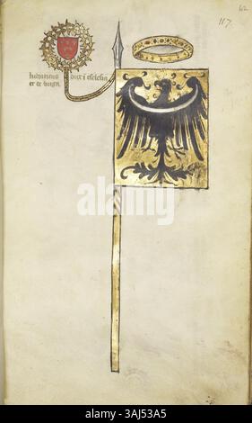 L'insigne royal du duc ecclésiastique de Nysa, utilisé pendant le concile de Constance en 1416, comprend une bannière, un couronne, un bouclier et un diadème. Ces objets représentent les regalia de la dynastie des Piast de Silésie, mettant en valeur des symboles ecclésiastiques et nobles du début du XVe siècle. Banque D'Images