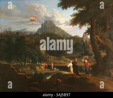 Attribué à Johannes Glauber, ce paysage classique datant de 1670 à 1727 représente les figures mythologiques Mercure, Herse et Aglauros. Il fait partie de la collection du National Trust. Banque D'Images