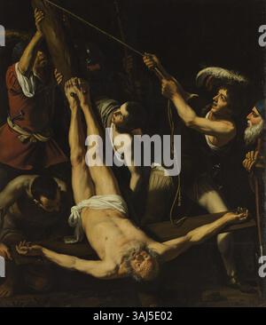 *Martirio de san Pedro* (le martyre de Saint Pierre) est attribué au cercle du Caravage, peut-être par Lionello Spada, et date du début du XVIIe siècle. Le tableau, conservé au Musée de l’Ermitage, peut représenter une version antérieure de la *Crucifixion de Saint Pierre* du Caravage. Banque D'Images