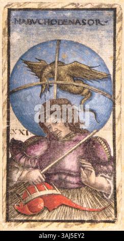 La carte 21, Nabuchodenasor, du jeu de tarot Sola Busca (1491) représente l'une des représentations les plus détaillées du jeu, reflétant l'œuvre d'art de l'époque et les significations symboliques dans le tarot pour la divination. Banque D'Images