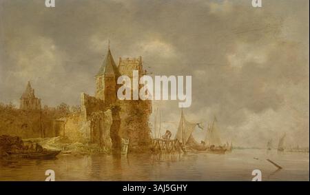 *Paysage fluvial avec une forteresse fluviale en ruines* (1642) de Jan van Goyen représente une scène sereine mais dramatique au bord de la rivière avec une forteresse en décomposition. La peinture à l’huile, conservée dans une collection privée, illustre la maîtrise de van Goyen en peinture de paysage, en mettant l’accent sur l’environnement naturel et les effets atmosphériques. Banque D'Images
