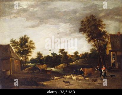Cette peinture du XVIIe siècle dans le style de David Teniers le jeune montre des bergers avec leurs troupeaux. L’huile sur toile, qui fait partie de la collection royale, capture la vie rurale et les scènes pastorales. Banque D'Images