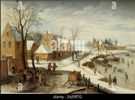 Le paysage hivernal d'Izaak van Oosten d'environ 1660 dépeint une scène de village située sur une rivière gelée, mettant en valeur les conditions dures mais belles d'un hiver néerlandais. La technique huile sur cuivre met en évidence le calme et la froideur de l'hiver. Banque D'Images