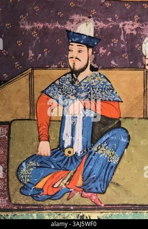 Ce portrait de Timur, réalisé en 1436 dans le cadre du manuscrit 'Zafarnama', met en valeur le conquérant dans une pose royale et autoritaire. L'œuvre fait partie du patrimoine artistique persan et reflète l'importance de Timur dans l'histoire de l'Asie centrale et du monde. Banque D'Images