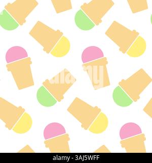 Crème glacée colorée dans une tasse de gaufrette Seamless Pattern Pistachio Vanilla Sundae fond multicolore. Isolé illustration vectorielle papier peint carte thématique papier d'emballage ou dépliant promo Web, bannière, étiquette Illustration de Vecteur