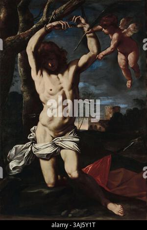 Ce tableau de Simone Cantarini, réalisé entre 1632 et 1648, représente le martyre de Saint Sébastien, accompagné d’un ange, rendu à l’huile sur toile. Banque D'Images