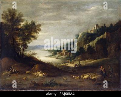 Une peinture dans le style de David Teniers le jeune, représentant des bergers avec leurs troupeaux dans un paysage montagneux. Il a été créé entre 1680 et 1720 environ et fait partie de la collection royale. Banque D'Images