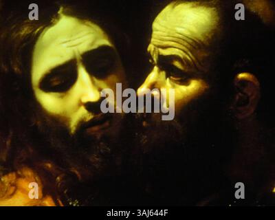 Détail de 'la prise du Christ' par Caravage, peint en 1602, représentant la trahison du Christ par Judas Iscariote dans le jardin de Gethsémani. Le tableau est conservé à la National Gallery of Ireland. Banque D'Images