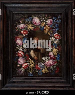 Cette peinture attribuée à Jan Pieter Brueghel représente un moine entouré d'une couronne de fleurs. Créé entre 1643 et 1677, il mêle symbolisme religieux et botanique, mettant en valeur la représentation détaillée de la figure du moine et la composition florale environnante. Banque D'Images