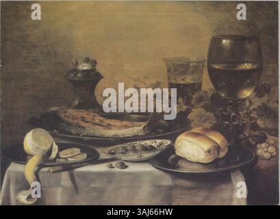 « A Fish Breakfast » de Pieter Claesz, peint vers 1650, est une nature morte montrant un repas avec du poisson, un verre roemer et une cave à sel. Cette huile sur panneau de peinture, maintenant dans une collection privée, est un bel exemple de nature morte néerlandaise, mettant en évidence l'habileté de Claesz dans le rendu des textures et des détails. Banque D'Images
