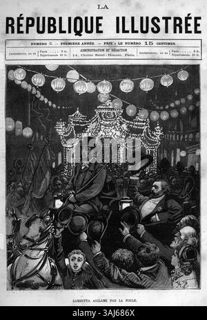 Lithographie d'Alexandre Ferdinandus, représentant Léon Gambetta acclamé par la foule. Cette image, qui figure en première page de 'la République illustrée' en 1880, dépeint le soutien populaire de l'homme politique français à la fin du XIXe siècle. Banque D'Images