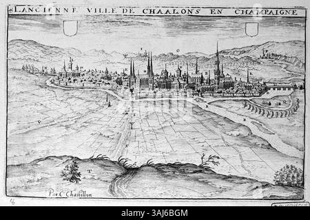 Cette œuvre de Claude Chastillon (1559-1616) est une réédition d'une estampe intitulée 'Champagne Chaalons'. Créé avant 1905, il met en valeur le style de gravure complexe de Chastillon, reflétant son habileté à capturer des détails historiques et géographiques. Banque D'Images