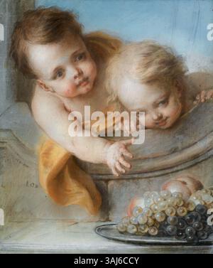 Dans cette peinture pastel de Charles-Antoine Coypel de 1750, deux enfants tiennent un plateau de pêches et de raisins, symbolisant l’abondance et les vendanges de l’automne. L’œuvre est une allégorie célébrant la transition saisonnière et la générosité de la nature. Banque D'Images