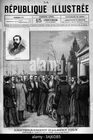 Lithographie de Jules-Arthur Després, représentant Léon Gambetta prononçant un discours sur la tombe d'Albert Joly. Cette scène, présentée dans la République illustrée en 1880, commémore l'hommage de l'homme politique français à Joly au cimetière de Versailles. Banque D'Images