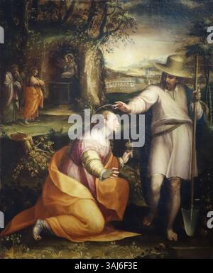 La peinture de Lavinia Fontana de 1581 représente la scène biblique du Christ apparaissant à Marie-Madeleine après sa résurrection, connue sous le nom de « Noli me tangere ». L'œuvre, logée dans la Galerie des Offices, capture un moment tendre entre les deux personnages. Il est exécuté à l'huile sur toile, montrant la maîtrise de Fontana dans les thèmes religieux et son rendu détaillé des émotions humaines. Banque D'Images