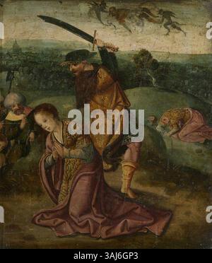 Le retable d’Oxburgh : le martyrdom de Sainte Barbara, peint par un disciple de Pieter Coecke van Aelst, représente la scène religieuse de l’exécution de Sainte Barbara. Cette huile sur panneau a été créée entre 1500 et 1529, mettant en valeur des thèmes religieux dramatiques au début des pays-Bas Banque D'Images